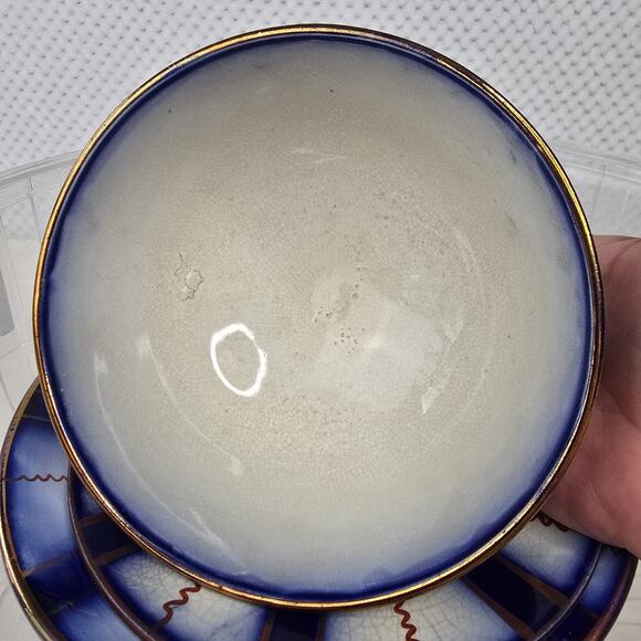 3 pc Gaudy Welsh Flow Blue Wagon Wheel  8" Plate 5" Bowl 6" Saucer Antique 1800s - Picture 9 of 10